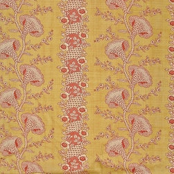 Yellow gold orange toile fabric colonial coxcomb flower stripe - Fabric