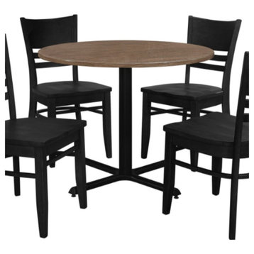 Correll English Walnut Wood Cafe Bistro Table with 4 Black Ladder Back Chairs