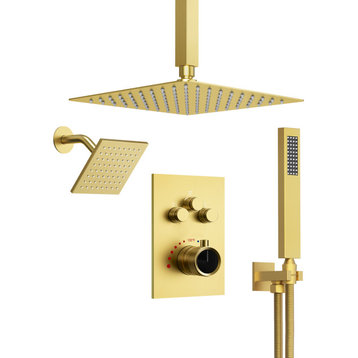 Dual Heads Shower System 12" Rain Shower Head with 3 Way Thermostatic Faucet, Brushed Gold