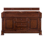 James Martin Vanities - Brookfield 60" Warm Cherry Double Vanity - The Brookfield 60", double sink, Warm Cherry vanity by James Martin Vanities features hand carved accenting filigrees and raised panel doors. Two doors, on either side, open to shelves for storage below and three center drawers, made up of a lower double-height drawer and both middle and top standard drawers, offer additional storage space. The look is completed with Antique Brass finish door and drawer pulls. Matching decorative wood backsplash is included.