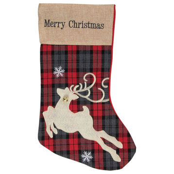 19" Red and Green Plaid 'Merry Christmas' Reindeer Stocking