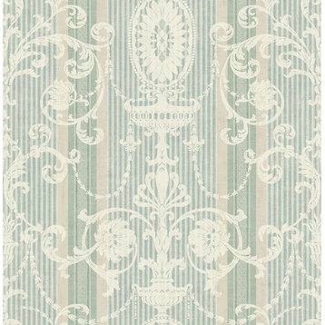 Victorian Striped Scroll Wallpaper in Blue Green VF30004 from Wallquest
