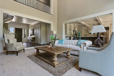 Living room - large traditional formal and open concept carpeted living room idea in Other with beige walls, a standard fireplace, a stone fireplace and a wall-mounted tv