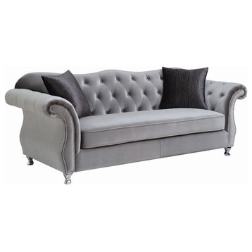 Bowery Hill Contemporary Upholstery Button Tufted Velvet Sofa in Silver
