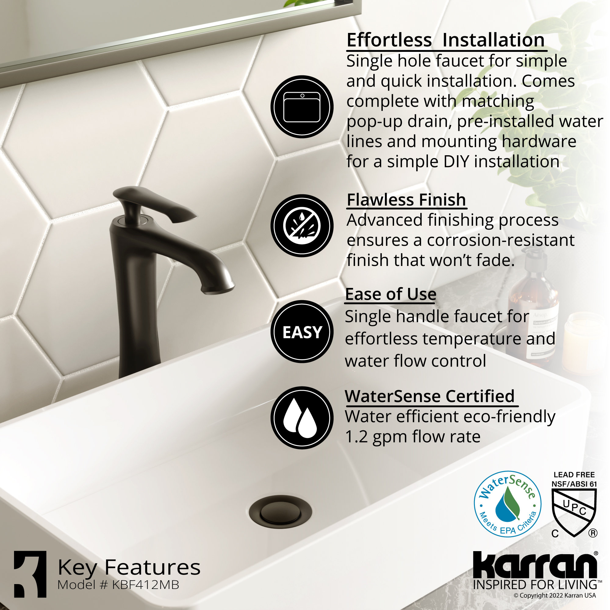 Karran 1-Hole 1-Handle Vessel Faucet With Pop-Up Drain, Matte Black