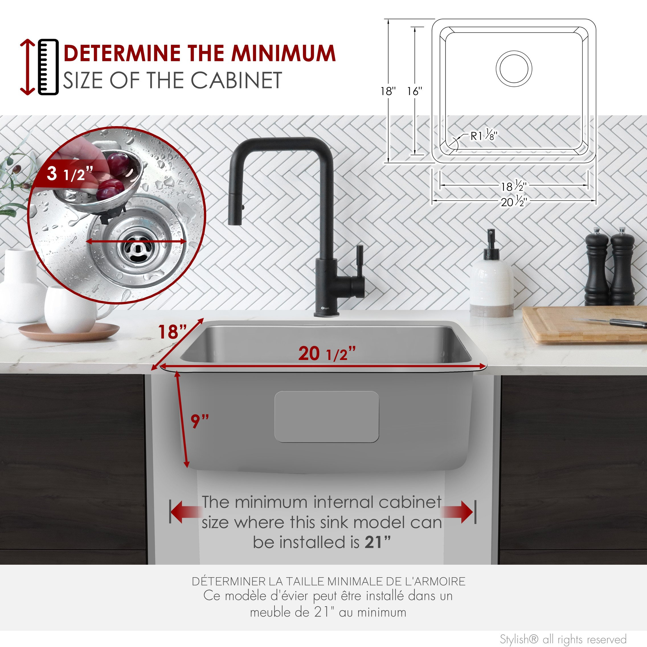 STYLISH 21 inch Single Bowl Undermount and Drop-in Stainless Steel Kitchen Sink