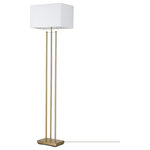 Globe Electric - Novogratz x Globe SoHo 62" Matte Brass Floor Lamp With White Linen Shade - The Novogratz x Globe SoHo Lamp collection offers a minimalist style with an upscaled, modern twist. The body is constructed of three freestanding matte brass bars and topped with a trendy rectangular linen shade. The clean lines direct your eye to the glow of the shade and create a minimalist look. The matte brass finish is the perfect anchor for this upscaled design. Complementary to all decor styles, this collection is truly versatile and the metallic styling elevates your home. Decorate with the Novogratz and Globe Electric - lighting made easy.