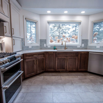 Two Tone Kitchen with Wood Stained and Light Beige Cabinets