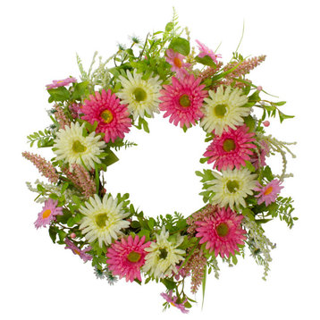 Chrysanthemum and Berry Floral Spring Wreath, Pink and Yellow 23"