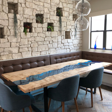 Custom Maple Burl and inset glass running river table
