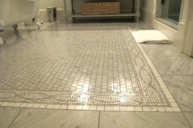 Mid-sized elegant master limestone floor and gray floor bathroom photo in San Diego with furniture-like cabinets, gray cabinets, white walls, marble countertops and a hinged shower door