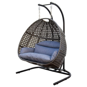2 Person Hanging Loveseat Swing Chair with Stand - X-Large Wicker Rattan Frame