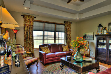 Inspiration for a mid-sized timeless formal and enclosed medium tone wood floor living room remodel in Other with beige walls, no fireplace and no tv