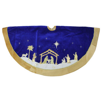 48" Blue and Gold Nativity Scene Christmas Tree Skirt With Gold Border