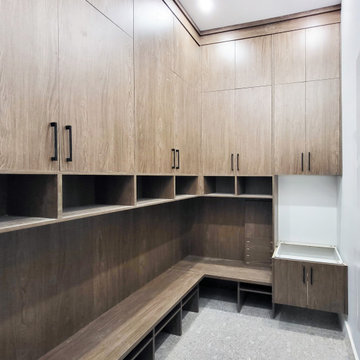 A new contemporary and convenient mudroom with melamine laminate cabinets