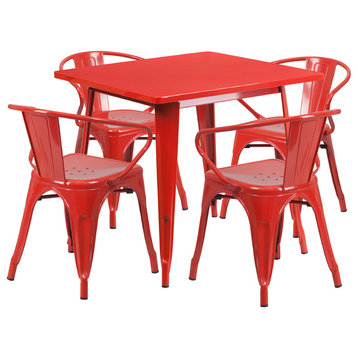 Flash Furniture 31.5'' Square Red Metal Indoor Table Set With 4 Arm Chairs
