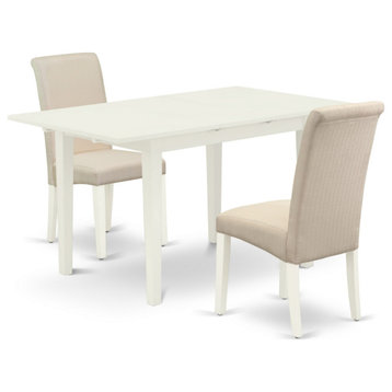 3Pc Dinette Set, 2 Parsons Chairs, Butterfly Leaf Dinette Table, Linen White