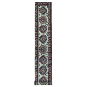 2'9"x19' Ivory Super Kazak Geometric Runner Handmade Oriental Rug