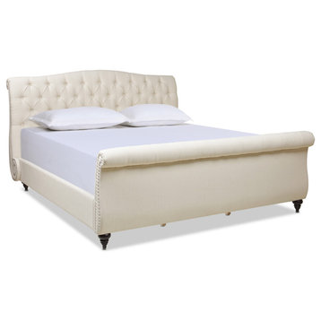 Nautlius King Bed Frame With Headboard and Footboard, Light Beige Linen