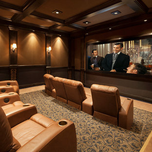 Inspiration for a timeless carpeted home theater remodel in Santa Barbara with brown walls