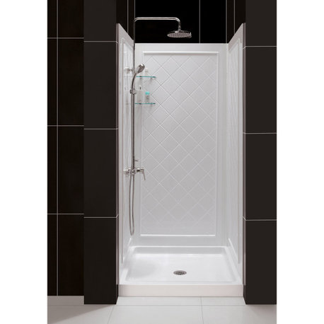 32" D x 32" W x 76.75" H Center Drain Shower Base and QWALL-5 Backwall, White