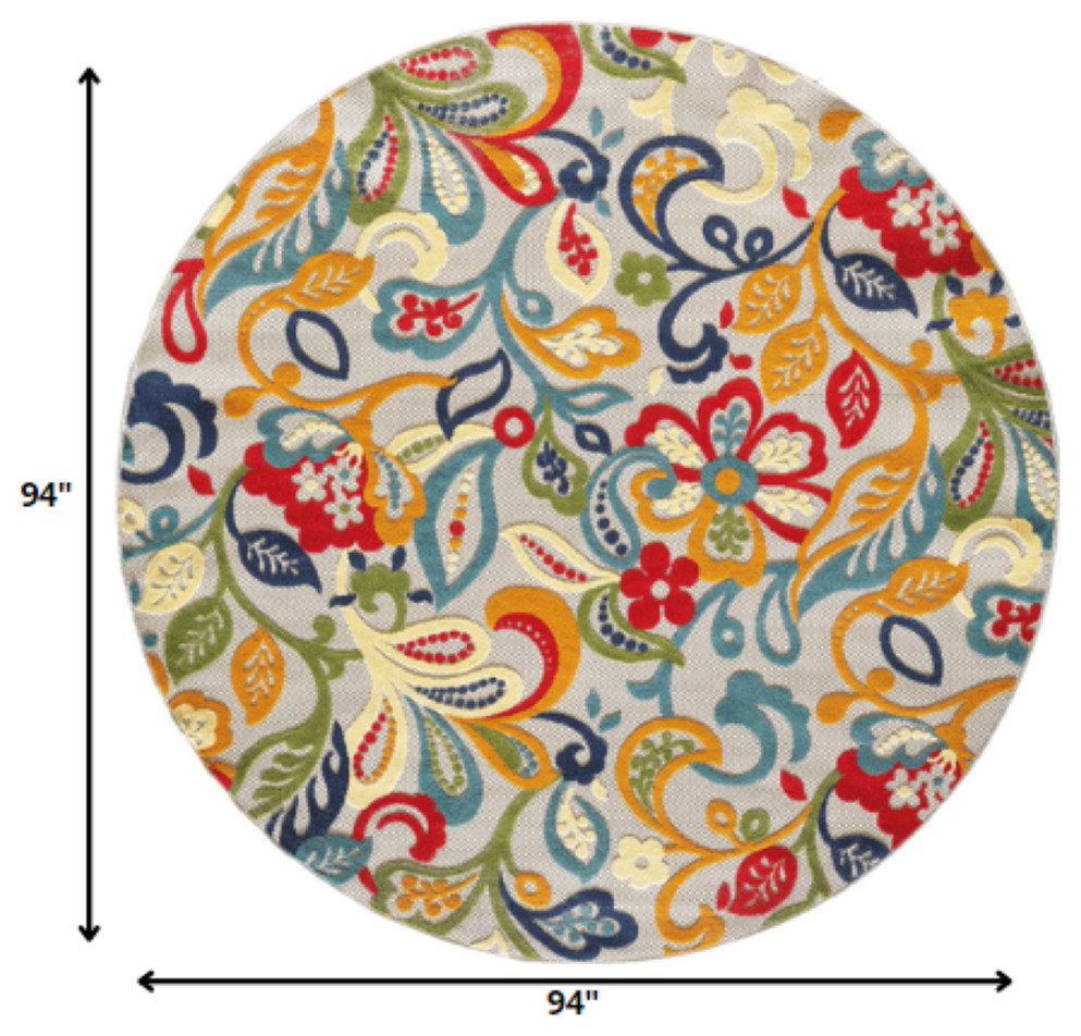 8' Round Ivory And Blue Round Floral Stain Resistant Indoor Outdoor ...