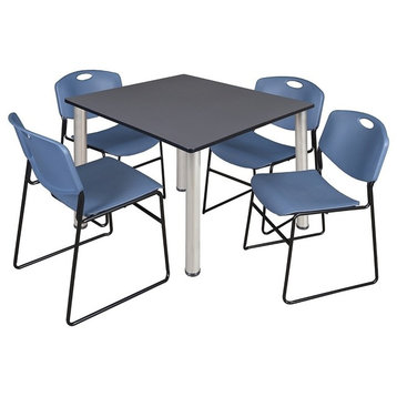 Kee 48" Square Breakroom Table, Gray/ Chrome and 4 Zeng Stack Chairs, Blue