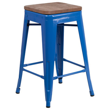 24" Counter Height Blue Metal Dining Stool With Wooden Seat