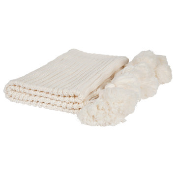 Tassey Knit Ribbed Blanket with Tassels, White 50x80