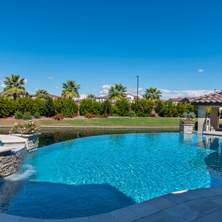 Bild på en mellanstor funkis njurformad infinitypool på baksidan av huset, med spabad och kakelplattor