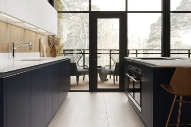 Design ideas for a large modern single-wall open plan kitchen in Essex with a built-in sink, flat-panel cabinets, grey cabinets, quartz worktops, white splashback, stone slab splashback, black appliances, porcelain flooring, an island, beige floors, white worktops, a vaulted ceiling and a feature wall.