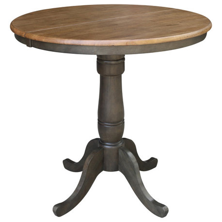 36" Round Top Pedestal Table With 12" Leaf, Hickory/Washed Coal, 35.3" High