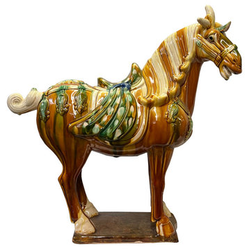 Chinese Distressed Tan Brown Color Glazed Ceramic Horse Figure Hws3396