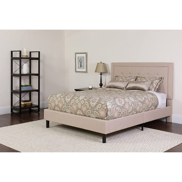 Contemporary Full Size Platform Bed, Button Tufting and Mattress, Beige