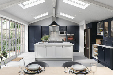 Photo of a large modern grey and white kitchen in Other with a built-in sink, marble worktops, grey splashback, marble splashback, an island, white floors and white worktops.