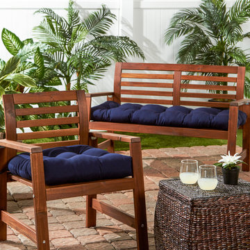 Teak Wood Chair and Loveseat with Rich Navy Cushions