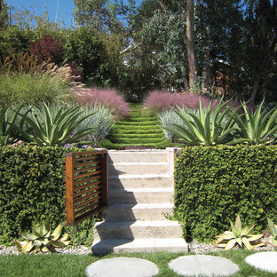 Photo of a mid-sized modern sloped full sun xeriscape for fall in Los Angeles with concrete pavers.