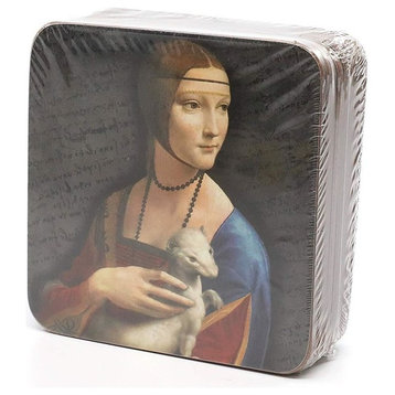 Carmani Painters 9pc Set of Cork Drink Coasters,  Da Vinci (Lady with an ermine)