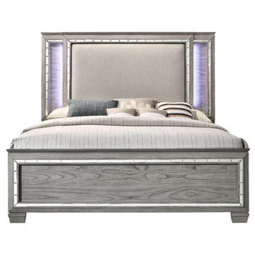 Everleigh Lighted Headboard Standard Bed, Light Gray, Queen