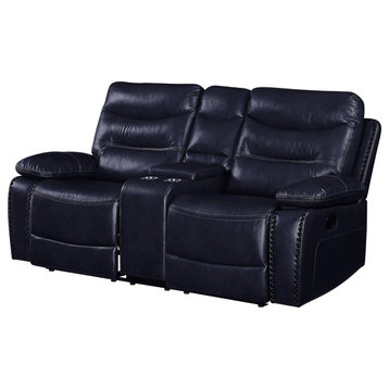 Benzara BM251076 Motion Loveseat, Leather Upholstery and Tufted Seat, Navy Blue