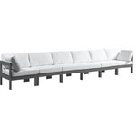 Meridian Furniture - Nizuc Water Resistant Patio Modular Straight Sofa, White, 6-Piece: 4 Armless Chair, 2 Corner Chair, Dark Gray Aluminum Frame - Pick and choose your favorites from the Nizuc collection to create a modular seating group the whole gang will enjoy. The sturdy aluminum frame provides dependable support for friends and family as they relax and unwind, and the resilient white water resistant fabric stands up to the elements without losing its beautiful demeanor, so you can count on it lasting for the long haul. Latches beneath these seating pieces help you easily attach them to one another for convenient setup.