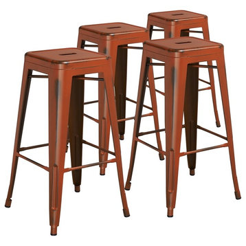 30" Backless Distressed Metal Indoor Barstool, Orange, Set of 4