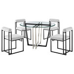 Armen Living - Devi Anastasia Round Matte Black Iron & Light Gray Dining Table 5-Piece Set - Bring luxury and comfort to your dining experiences with the Devi Anastasia 5 Piece Dining Set by Armen Living. This dining set includes 1 Devi Round Glass Dining Table with Metal base and 4 Anastasia Dining Chairs in Fabric and Metal. Featuring an elegant mix of materials, our dining set offers an abundance of polish and sophistication. The 48" round, glass top of the dining table floats upon an angular and clean-lined base. The metallic base utilizes contrasting finishes for elevated drama and modern elegance. It serves as a stunning complement to our sleek and charming Anastasia dining chairs. A cylindrical cushion is beautifully balanced upon its airy frame to offer comfortable back support. Its cushioned backrest and padded seat showcase a neat channeling detail that provides texture for a chic and inviting look. The Anastasia chair is upholstered in performance fabric to offer easy care and maintenance. Altogether, this dining set becomes a sophisticated centerpiece for your kitchen, dining, or living space. These pieces can effortlessly provide the grandeur and comfort for anything from your casual to formal meals. Featuring premium materials and quality craftsmanship, our dining set can loyally serve you for years to come. The Devi Anastasia 5 Piece Round Glass Dining Table Set is available in matching finishes and a variety of colors, or sold separately to achieve any look you desire.