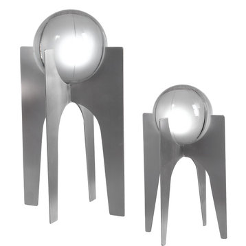 Mid Century Modern Crystal Ball Sculpture 2-Piece Set, Silver Metal Base Tripod
