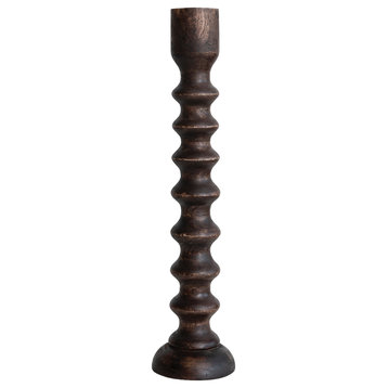 Hand Carved Wood Taper Candle Holder, Brown, Large