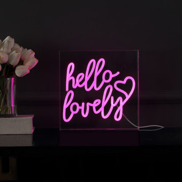 Hello Lovely 10" Square Acrylic Box USB Operated LED Neon Light, Pink