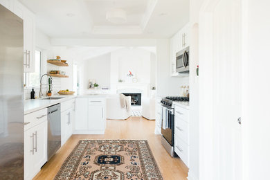 Mid-sized scandinavian kitchen in San Diego with a single-bowl sink, shaker cabinets, white cabinets, quartzite benchtops, white splashback, subway tile splashback, stainless steel appliances and bamboo floors.