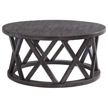 Rustic Coffee Table, Pine Wood Frame With Crossed Side Pattern, Weathered Gray