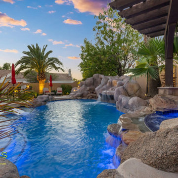 Resort Backyard Remodel - Rock Waterfall Pool, Spa, Fire Features & Steps