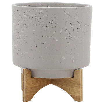 10" Planter With Wood Stand, Matte Beige